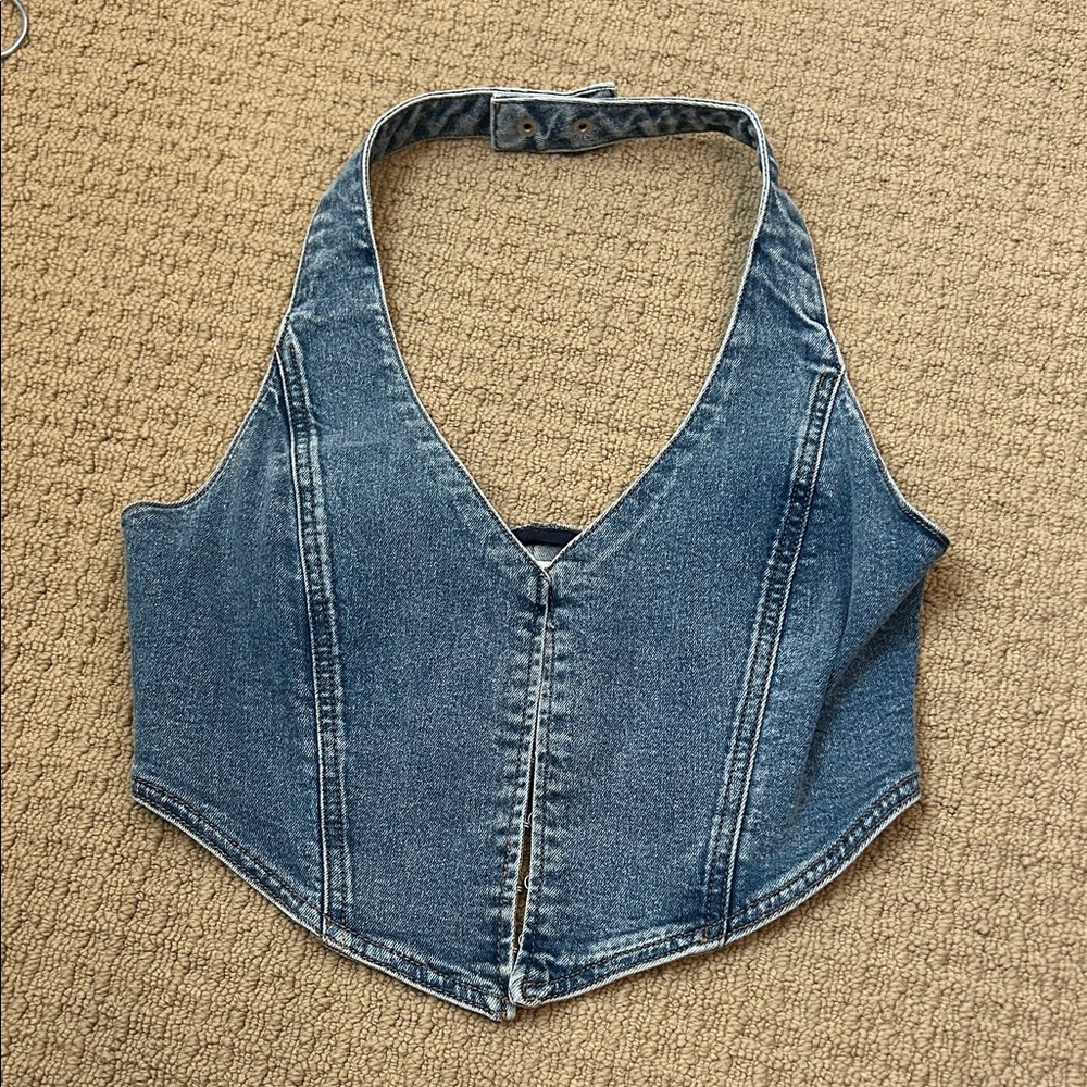PacSun Denim Halter Corset Top - Blue Wash